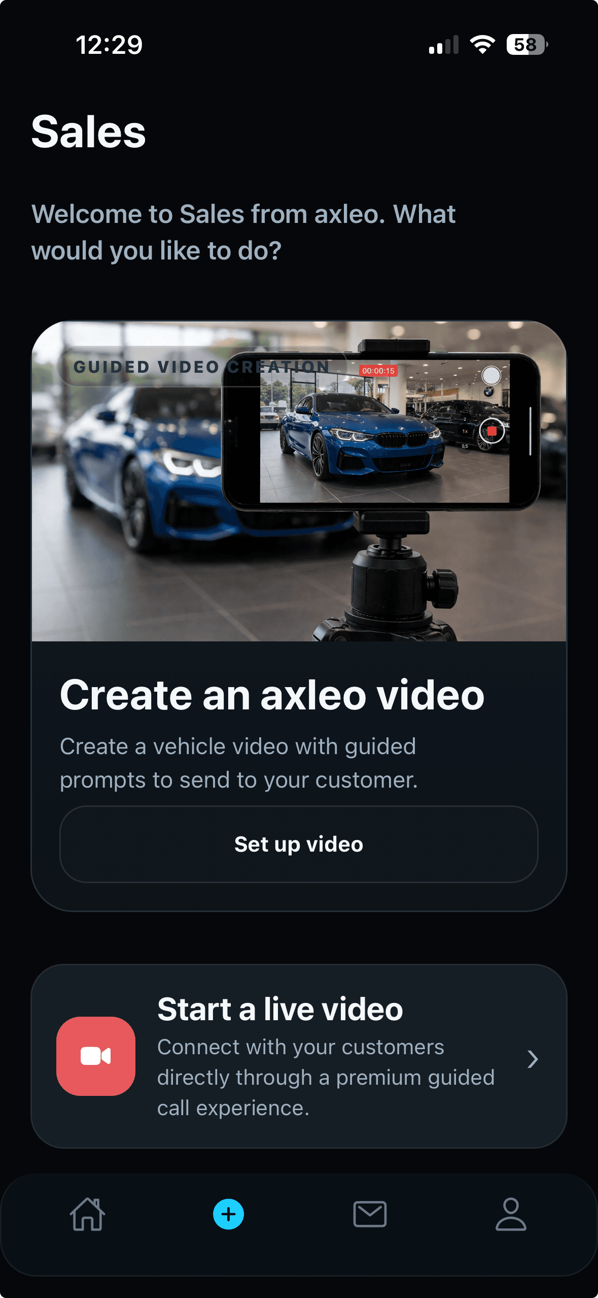 The axleo Showcase app on an iPhone, with options to create a guided vehicle video or start a live video call